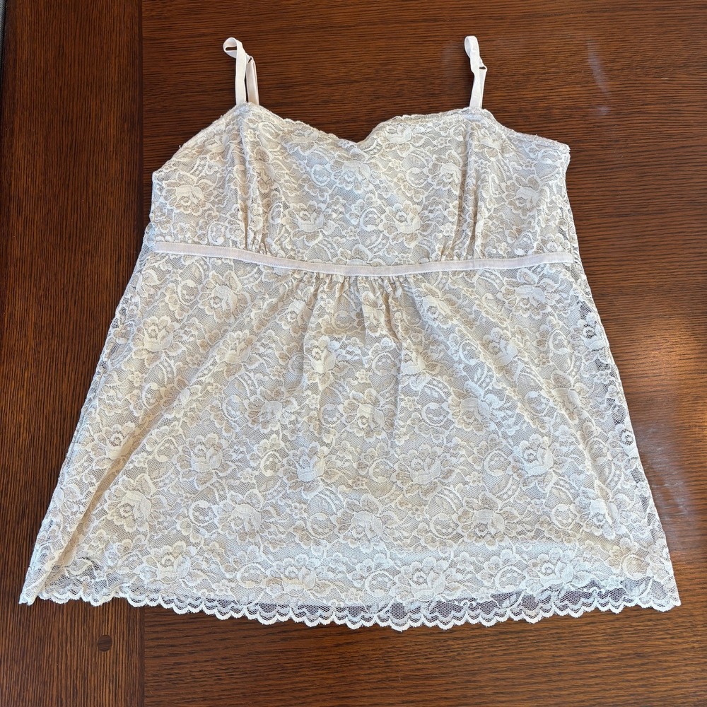New York & Company Cream Floral Lace Camisole Empire Waist Babydoll Top Womens L